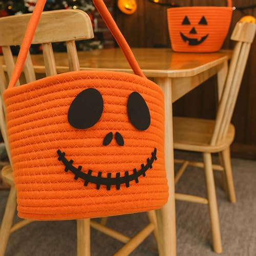 Halloween Woven Basket Candy Storage Bin with Smiley Ghost - Portable Trick or Treat Container