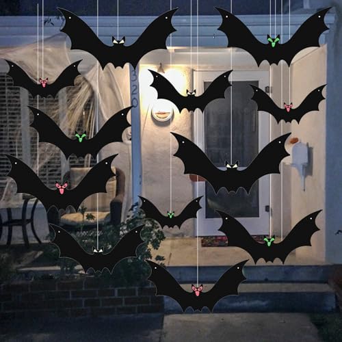 12-Pack Outdoor Halloween Hanging Bat Decorations with Glowing Eyes