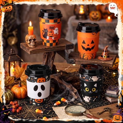 Umigy 100 Pack Halloween Disposable 12oz Coffee Cups with Lids & Sleeves - Classic Style