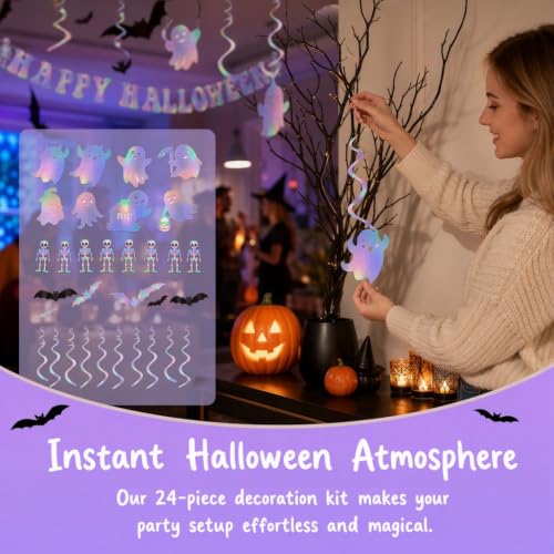 Halloween Holographic Hanging Decorations Set - Ghost Banner & 3D Bat Wall Stickers
