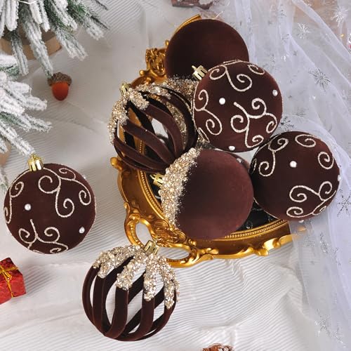 Brown Velvet Glitter Christmas Ornaments Set - 9PCS Holiday Tree Decor
