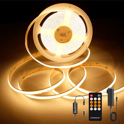 2700K Warm White COB LED Strip Light 16.4FT Dimmable Rope Lights with RF Remote