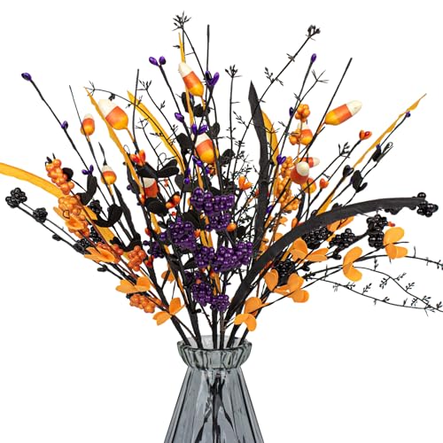 Halloween Floral Picks with Candy and Berries - Purple, Orange, Black - 6 Pack