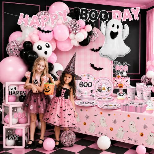 Pink Halloween Boo Day Party Decorations Kit for Spooky Birthday - Serves 20 with Banners Balloons Napkins Plates & Toppers - Variation: Pink