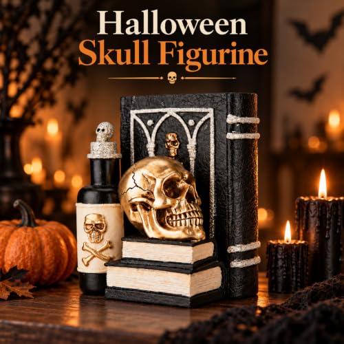 Gothic Gold Skull Book Decor - Halloween Skull Statue, Tabletop Figurine