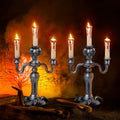 Skull Candelabra Halloween Decorations - 2 LED Flameless Candle Holders, Indoor Haunted House Decor