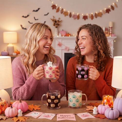 Pastel Halloween Pumpkin Glass Coffee Mugs Set of 4 - 12oz Fall Drinkware