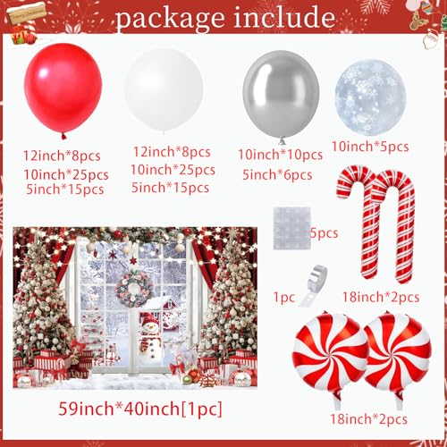 Red Christmas Balloon Arch Kit with Snow & Candy Cane Balloons & Backdrop