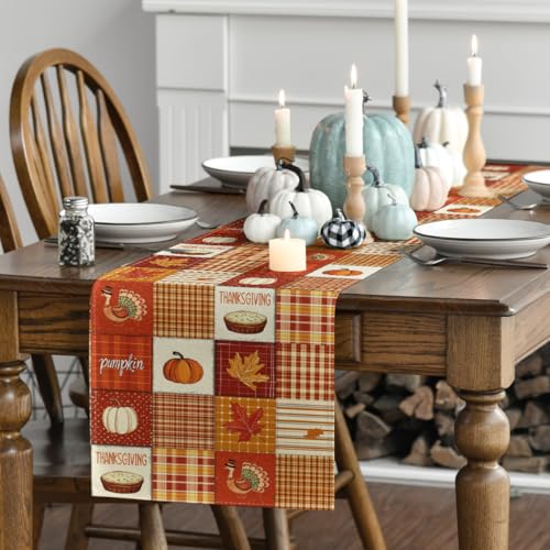 Buffalo Plaid Pumpkins & Turkey Thanksgiving Table Runner - 13 x 90 Inch Orange