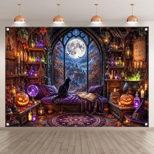 Halloween Window Backdrop 7x5ft Witch Room Banner for Party Decor