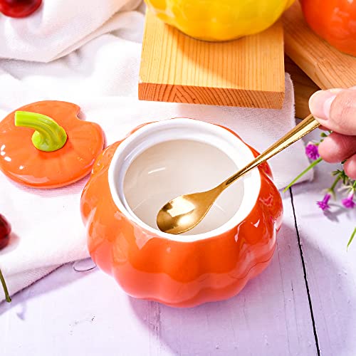 Orange Pumpkin-Shaped Ceramic Sugar Bowl with Lid and Spoon - 300 ML