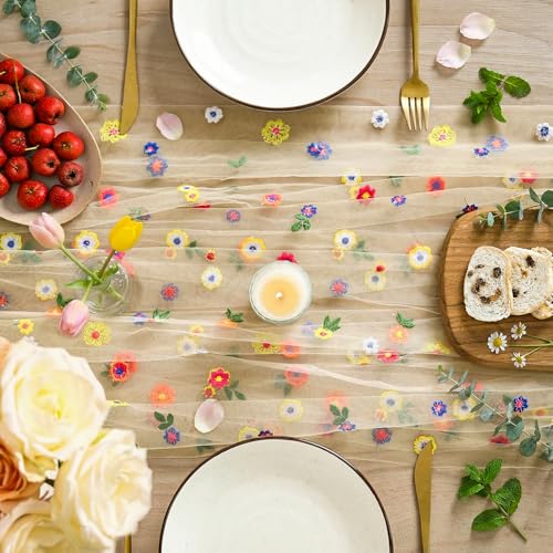 6PCS Champagne Embroidery Daisy Gauze Table Runner 28x120 Inch - Elegant Home Decor