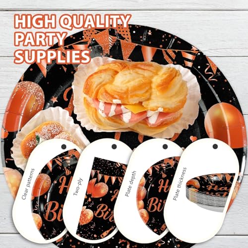 Orange Black Happy Birthday Party Plates & Napkins Set - Serves 24 - Variation: OrangeBlack Plates FF