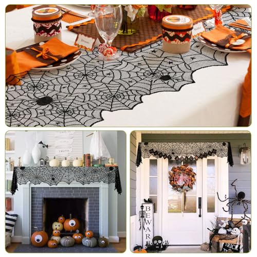 Halloween Table Runner Black Lace Spider Web 18x73 Inch Gothic Decor
