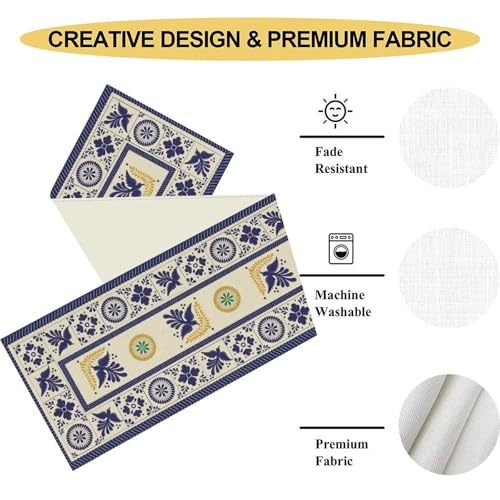Ceramic Mexican Table Runner 13x36 Inches - Blue Floral Birds, Farmhouse Decor