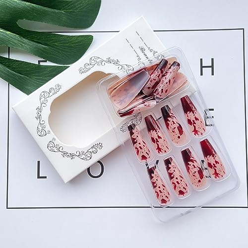 Red Halloween Fake Nails Long Acrylic Coffin Tips with Blood Drip Design - 24Pcs