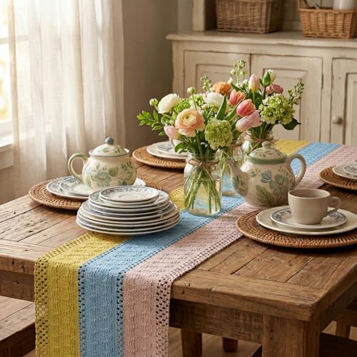 Farmhouse Style Table Runner 12x90 Inch - Yellow Blue Pink Rustic Decor