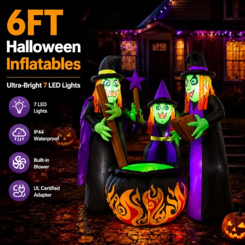 6 FT Halloween Inflatable Witch Scene - Black Witches Around Cauldron with Built-in LED Lights Outdoor Decorations