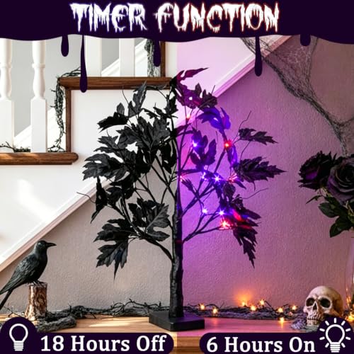 Indoor Halloween Tree Lights with Timer - 22-Inch Black Maple with Orange and Purple LEDs