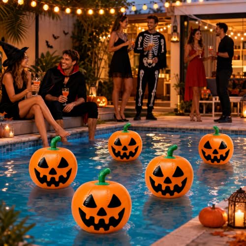 16 Pack Halloween Pumpkin Pool Floats - Inflatable Jack O Lantern Beach Balls