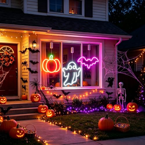 Rechargeable Halloween Window Lights Set - Purple, White & Orange with Timer 11.8x5.9in