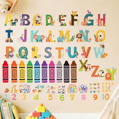 Multicolor Animal Alphabet Numbers Wall Stickers - Educational Classroom Decals