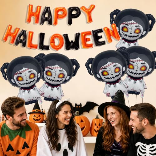Halloween Party Decorations Skull Banner & Horror Doll Balloons Set