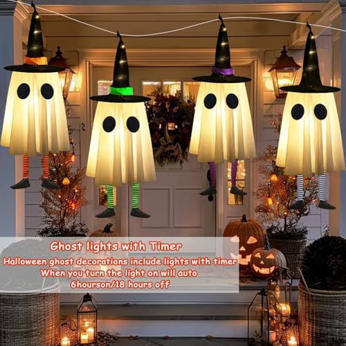 Medium Ghost Halloween Decoration with Witch Hat, Outdoor Ghost Lights