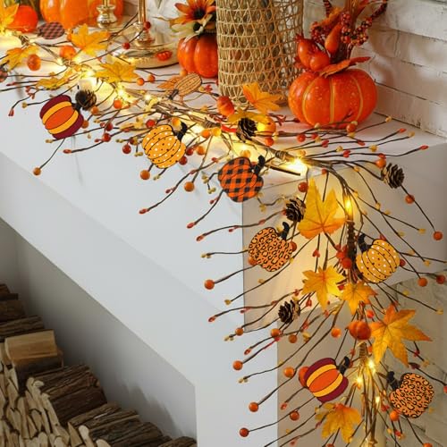 Thanksgiving Pumpkin Garland with Lights and Artificial Berries - Fall Home Decor