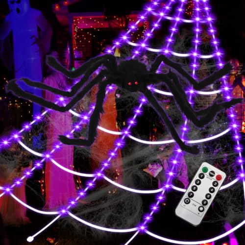 Purple Halloween Spider Web Lights with Remote, 16.4Ft, 8 Modes & Giant Spider