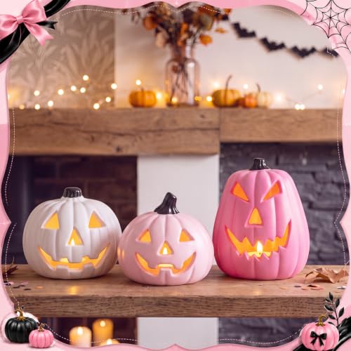 Pink Halloween Pumpkin Decorations Set - Resin Jack O Lanterns with Light-Ready Hollow Bases