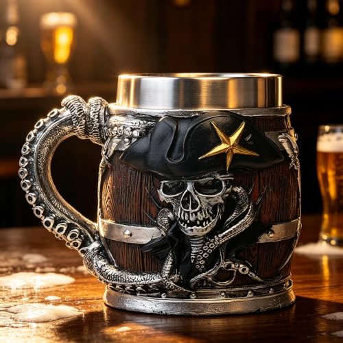 Wooden Barrel Skull Beer Mug 15.8 oz Stainless Steel Liner - Beer Gift