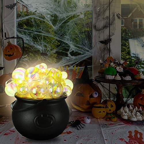 Halloween Bubbling Cauldron Set with 40 Ball Ornaments, Lights, Webs & Spiders - Warm White & Green
