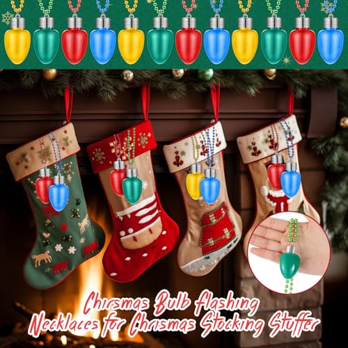 Christmas Light Up Necklaces Bulk Set - 24 LED Bulb Jewelry in Red Green Blue Gold - Party Favors & Decorations