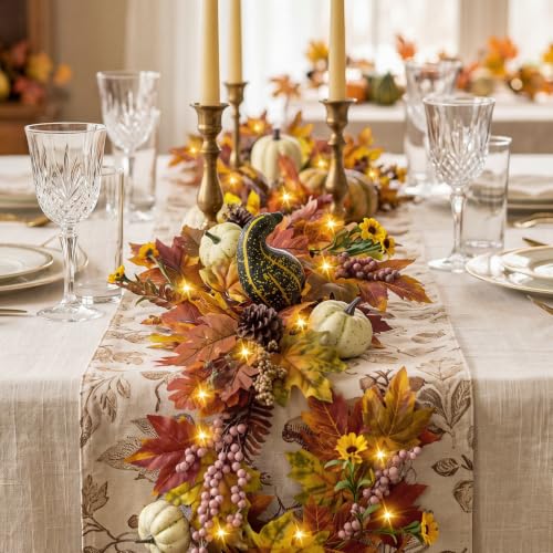 Fall Maple Leaf Pumpkin Berry Garland - 6 Ft with Lights, Style-2
