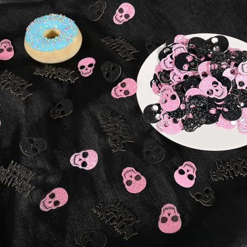 Halloween Gothic Skull Confetti Set - Black & Pink Glitter Birthday Decor - Variation: Black Pink