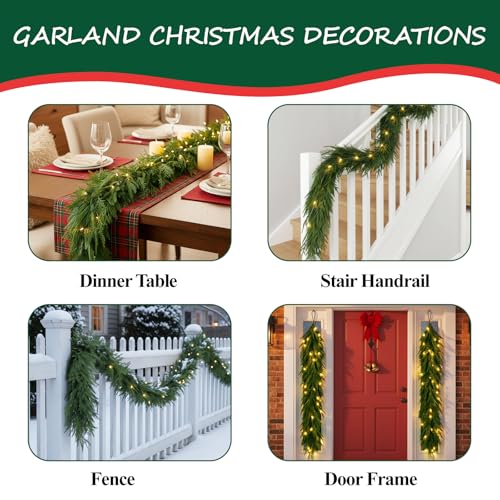 Artificial Norfolk Pine Garland with Warm LED Lights, 6 Pack Indoor Outdoor Decor