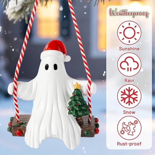 Halloween Ghost Swing Ornament with Santa Hat - Holiday Decor Figurine