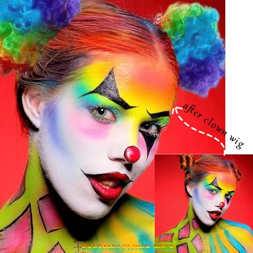Rainbow Clown Wig Set with Face Gems - 2 Pcs Afro Puff Bow Extensions for Cosplay & Parade