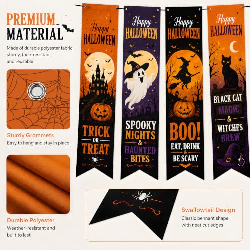 Halloween Decorations - 4 Pack Vertical Hanging Banners in Orange, Black & Purple - Spooky Party Decor