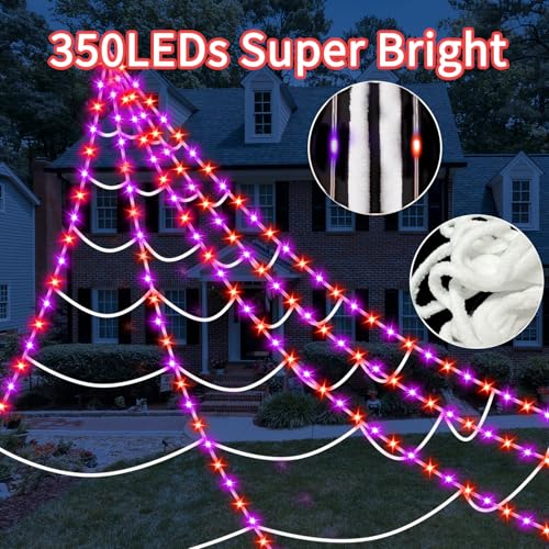 Halloween Outdoor Spider Web Lights with 350 LEDs & Giant Spider - Purple & Orange, 23Ft Web with 6.6Ft Spider, Waterproof & Timer