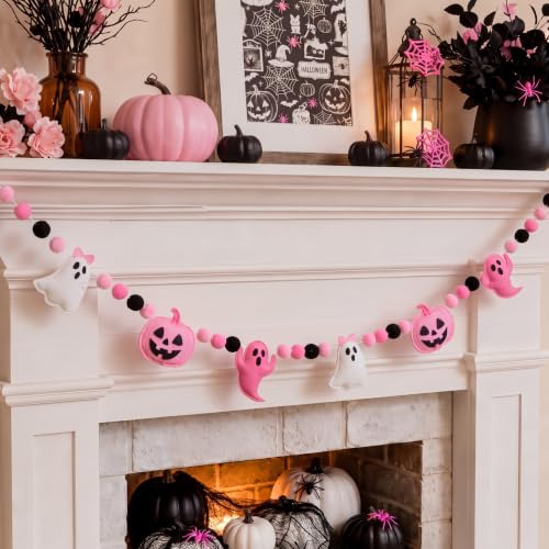 Pink Ghost Halloween Felt Banner - Halloween Party Decoration, Pre-Strung, 9.84 ft