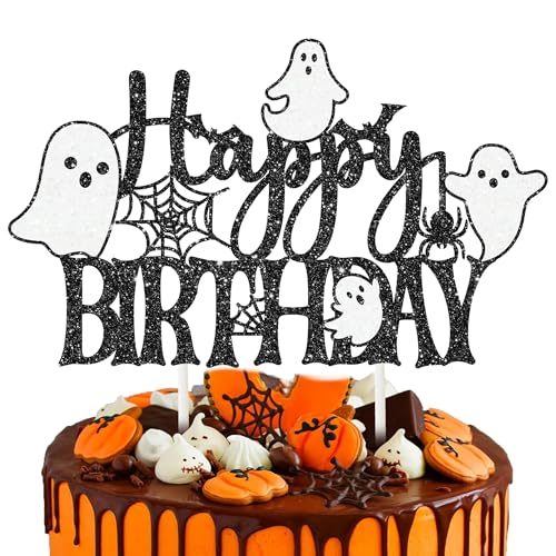 Halloween Ghost Cake Topper Glitter Black Ghosts Spider Webs Bats for Birthday & Party