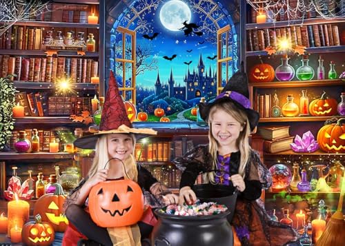 Halloween Magic Photography Backdrop 10x8 FT - Spooky Witch Window Bookshelf Scene