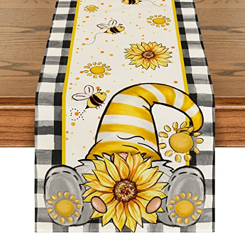 Buffalo Plaid Sunflower Gnomes Table Runner 13x72 Inch - Seasonal Kitchen Decor Black Variation