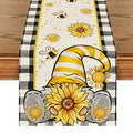 Buffalo Plaid Sunflower Gnomes Table Runner 13x72 Inch - Seasonal Kitchen Decor Black Variation