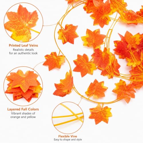 Autumn Maple Leaf Garland - 12PCS Fall Artificial Vines in Red-Orange - Indoor Outdoor Decor