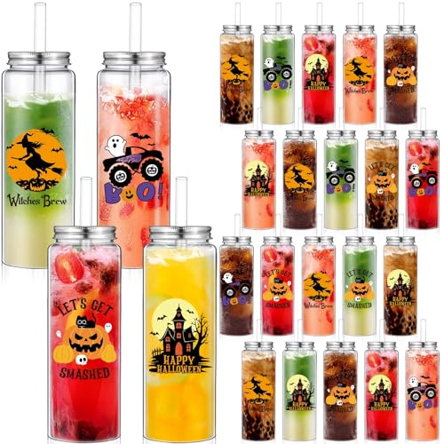 Halloween Plastic Cups with Lids & Straws - 16.9 oz Pumpkin Design, Pack of 24