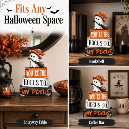Halloween Wooden Table Sign Decor Set - Ghost Witch Bats Spiders Farmhouse Style
