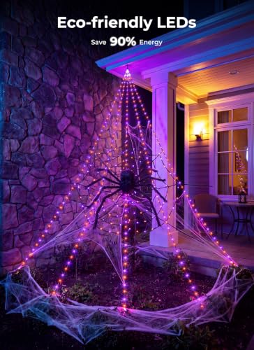 Brightown Halloween Decorations Outdoor - Orange & Purple Giant Spider Web Lights with 8 Modes